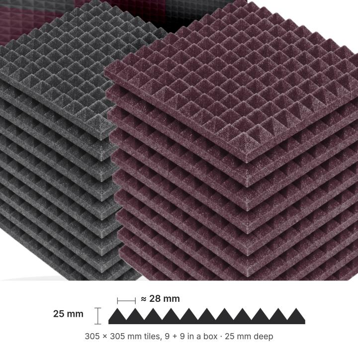 Numobel Acoustics-Foam Pyramid Duo Tiles-Black + Maroon-25 mm - 5