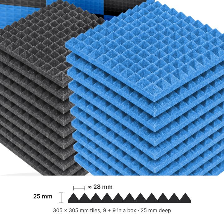 Numobel Acoustics-Foam Pyramid Duo Tiles-Black + Blue-25 mm - 5