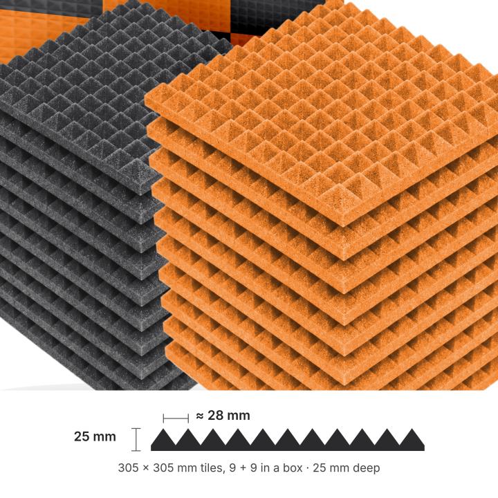 Numobel Acoustics-Foam Pyramid Duo Tiles-Black + Orange-25 mm - 5