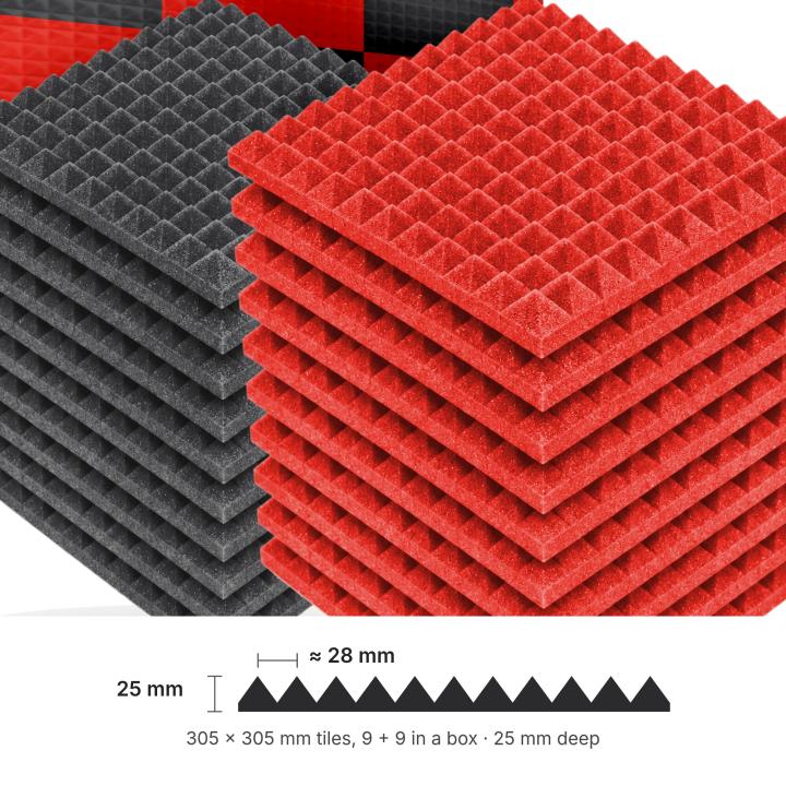 Numobel Acoustics-Foam Pyramid Duo Tiles-Black + Red-25 mm - 5