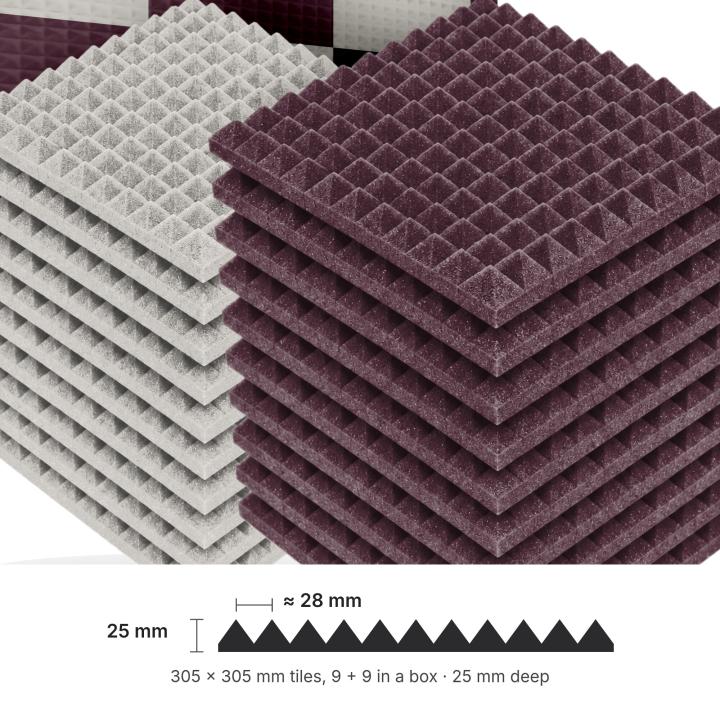 Numobel Acoustics-Foam Pyramid Duo Tiles-Grey + Maroon-25 mm - 5