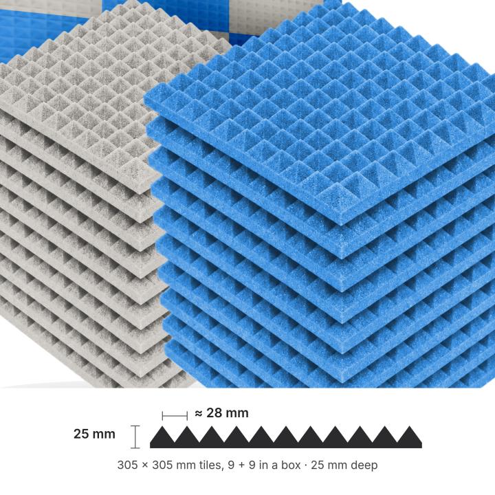 Numobel Acoustics-Foam Pyramid Duo Tiles-Grey + Blue-25 mm - 5