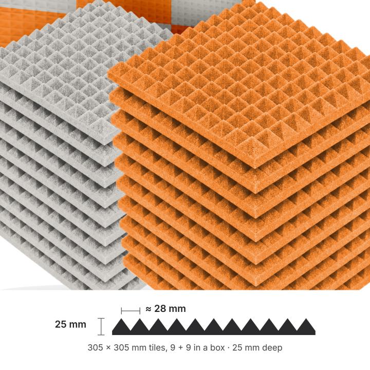 Numobel Acoustics-Foam Pyramid Duo Tiles-Grey + Orange-25 mm - 5