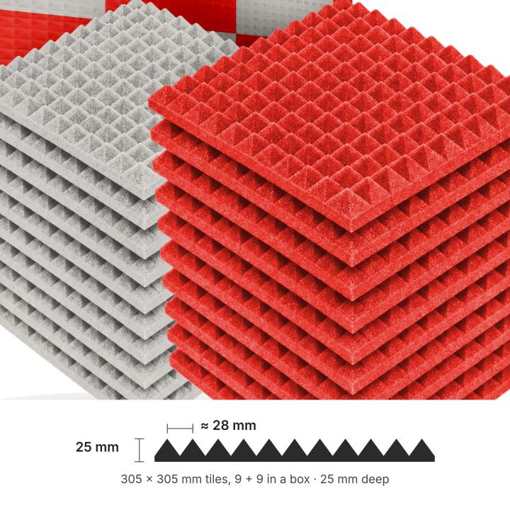 Numobel Acoustics-Foam Pyramid Duo Tiles-Grey + Red-25 mm - 5