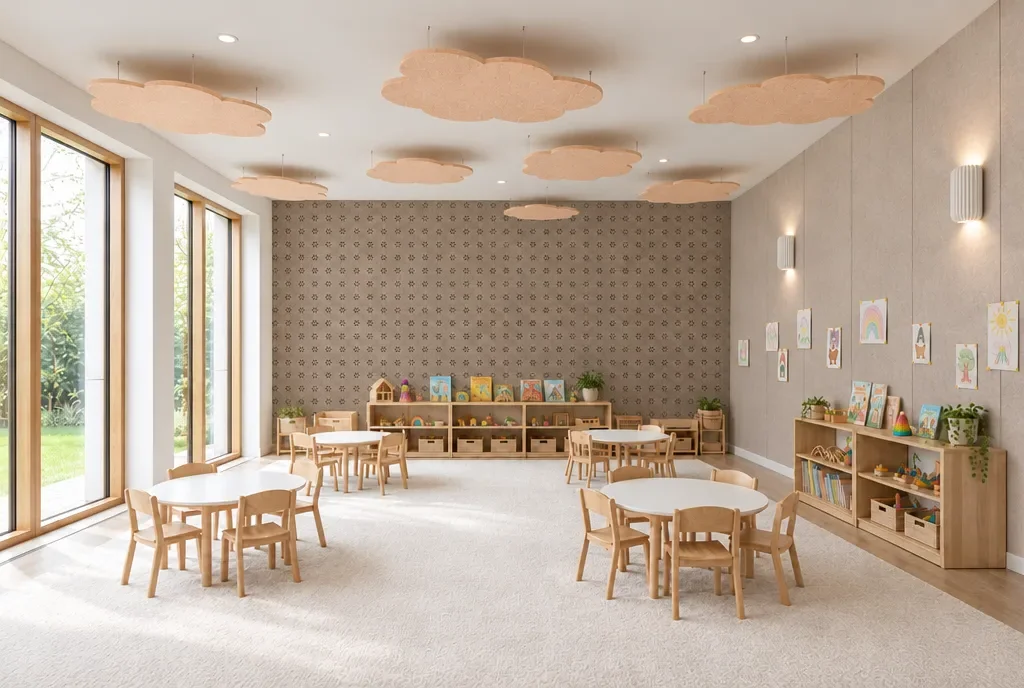 Bright classroom with a River Sand Panel Uno pin-up wall, a perforated Swiss Coffee back wall, peach cloud-shaped ceiling clouds and felt wall lights