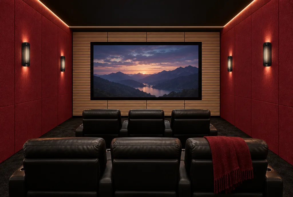 Home theatre with Cherry red Panel Uno sheets in a grid on both side walls, horizontal oak slat tiles around the screen and black felt wall sconces