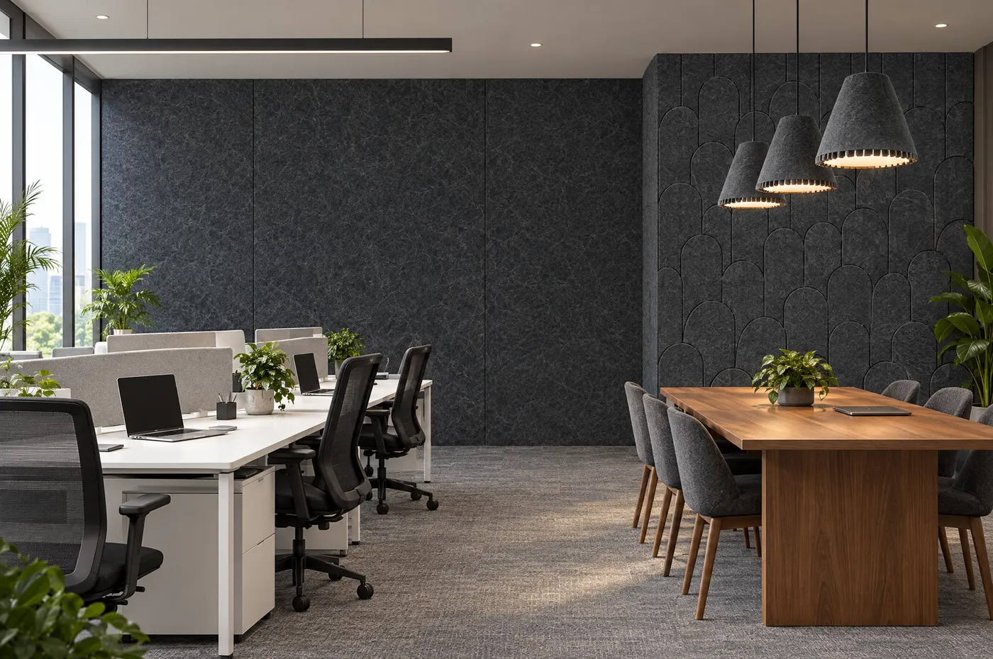 Open-plan office with Dark Grey Panel Uno sheets on the back wall, a grooved PET VG feature wall and grey felt cone pendants over the meeting table