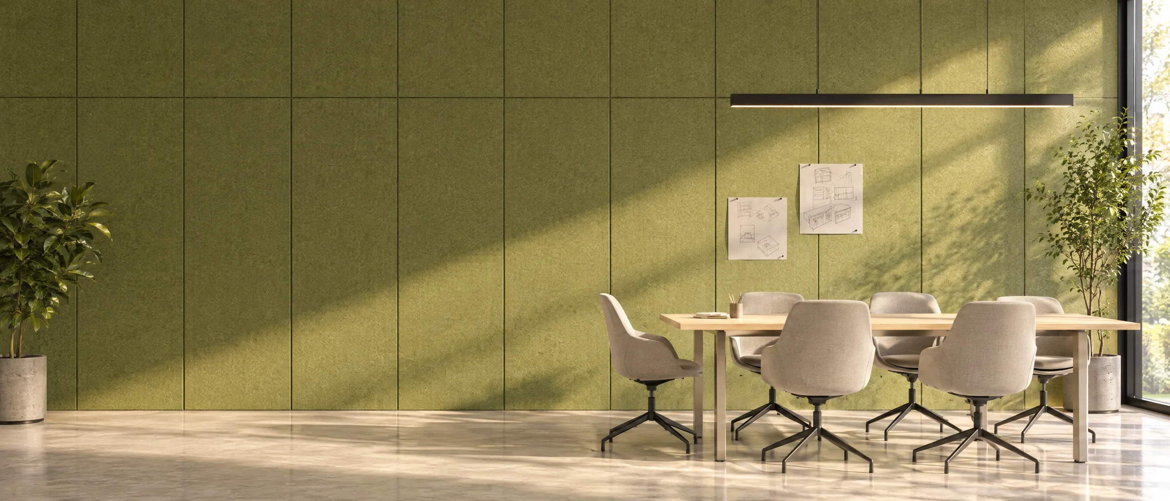 Sunlit meeting room with a full wall of Reed Green Panel Uno sheets