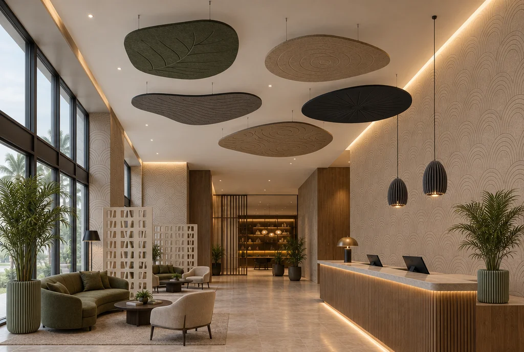 Hotel lobby with sand V-groove Panel Grooved walls, five carved felt ceiling clouds, felt room-divider screens between the sofas, sage felt planters and charcoal felt pendants over the reception