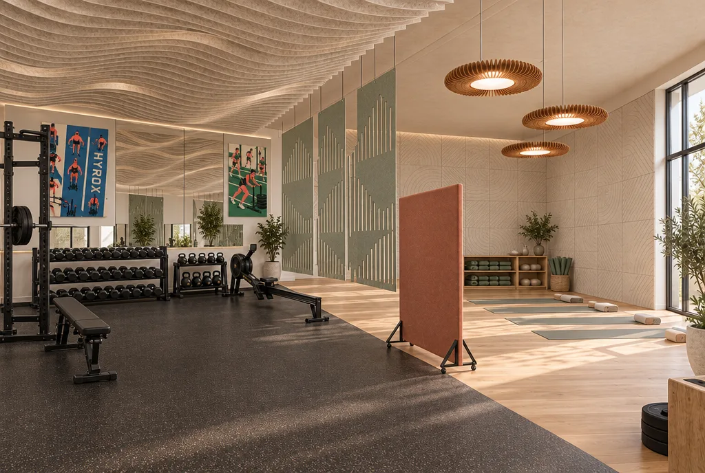 Gym and yoga room with a terracotta felt divider on castors, sage slotted felt screens, a wavy felt baffle ceiling, two printed felt art panels by the mirrors and felt ring pendants over the yoga mats