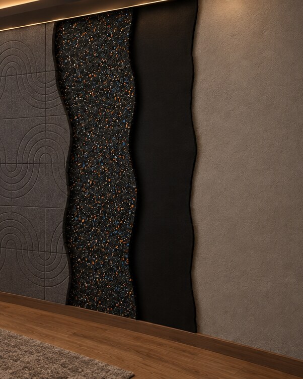 Home cinema wall cut away to show its layers: bare wall, vinyl barrier, bass absorber and PET acoustic panels